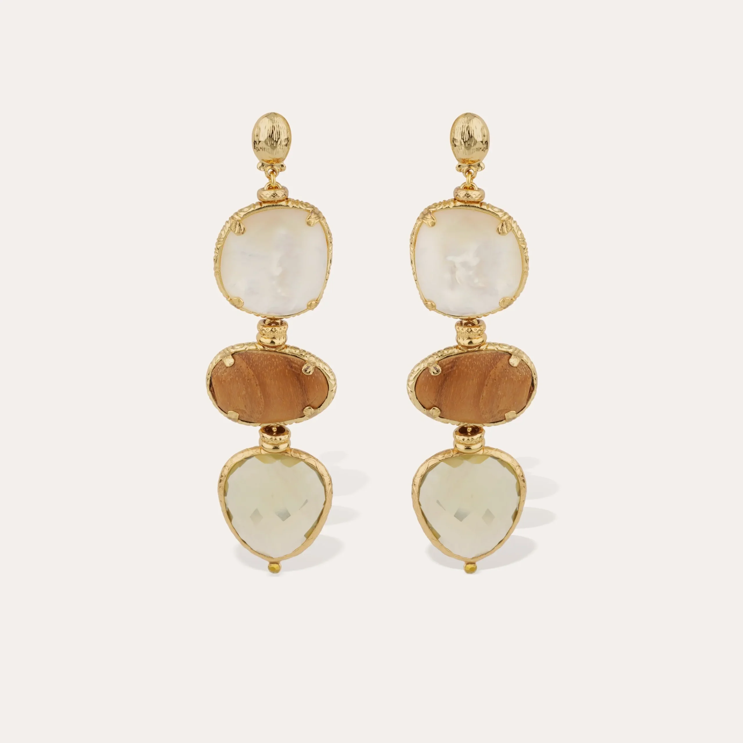 Boucles d'oreilles Silène grand modèle - Nacre Blanche, Bois & Quartz fumé