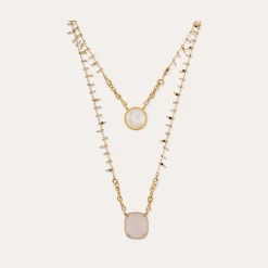 Collier Scapulaire serti - Nacre blanche & Quartz rose