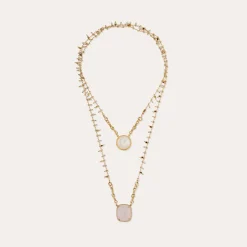 Collier Scapulaire serti - Nacre blanche & Quartz rose
