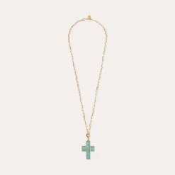 Sautoir Croix Serti - Turquoise